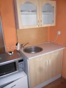 a small kitchen with a sink and a microwave at Emese Apartman in Hajdúszoboszló