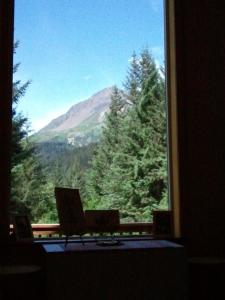 スワードにあるGlacier Creek Lodgingの山の景色を望む窓