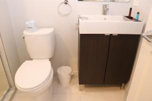 a bathroom with a white toilet and a sink at A Stylish Stay w/ a Queen Bed, Heated Floors.. #32 in Brookline +15 photos