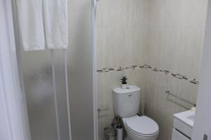 a white bathroom with a toilet and a shower at University View Flat in Coimbra