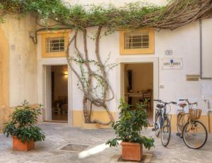 due biciclette parcheggiate fuori da un edificio con piante di B&B Corte Dei Romiti - Suites & Apartments SIT a Lecce