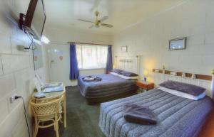 a bedroom with two beds and a table with a desk at The Lodge Outback Motel in Broken Hill