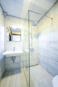 a white bathroom with a sink and a shower at Papa Apartments in Berovo +48 photos