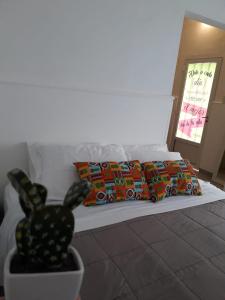 1 dormitorio con cama con almohadas y cactus en Apartamento Uriburu-Con Cochera en Formosa