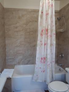 ein Badezimmer mit einer Badewanne, einem WC und einem Duschvorhang in der Unterkunft Secret Garden Inn & Cottages in Santa Barbara