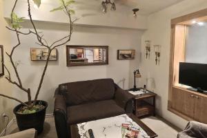 a living room with a chair and a tv at Gite Le Sieur de Joliette in Montréal