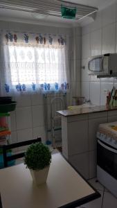a kitchen with a table with a potted plant on it at Apto Verde Água in Mongaguá +20 photos