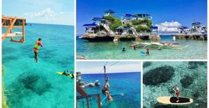 four different pictures of people in the water at Stevrena Accommodations in Bantayan Island
