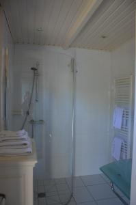 baño con ducha y puerta de cristal en Les Rouges Gorges du Domaine du Moulin 14, en Étables