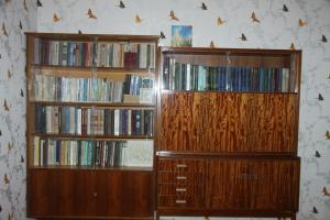 two wooden book shelves filled with dvds at YOKUB Guest House in Samarkand