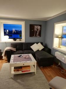 a living room with a couch and a coffee table at Seaview apartment Karmøy in Sæveland