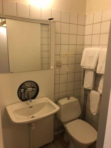 a bathroom with a toilet, sink, and mirror at Aston Villa Hotell in Gothenburg