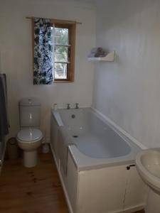 a bathroom with a tub and a toilet and a window at Cornelia's Field in Joubertina