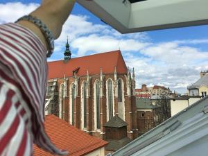 Una persona che guarda fuori dalla finestra di una chiesa di Kazimierz Penthouse with private terrace a Cracovia