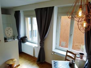 a room with two windows with curtains and a table at Zurich Suite - your home away from home - with washer, dryer and lots of space in Zurich