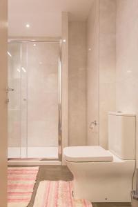 a bathroom with a toilet and a shower at Central Budva apartment in Budva