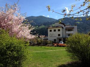 un edificio in un campo con una montagna sullo sfondo di Hotel Innerhofer a Gais