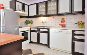 a kitchen with white appliances and black cabinets at Villa Neno in Zemuniki