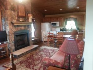 a living room with a fireplace and a kitchen at Amish Blessings Cabins in Millersburg