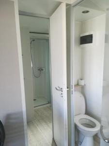 La salle de bains est pourvue d'une douche et de toilettes. dans l'établissement MOBIL HOME à QUIBERON 205, à Quiberon