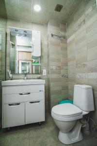 une salle de bain avec toilettes, lavabo et miroir dans l'établissement New Gudauri Loft 2 #557, à Goudaouri