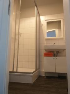La salle de bains est pourvue d'une douche et d'un lavabo. dans l'établissement New Amsterdam, à Quedlinbourg