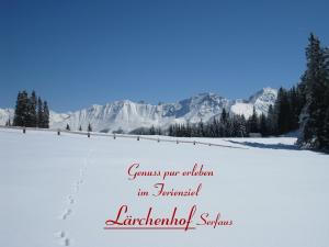 ein Schild auf einem schneebedeckten Feld mit Bergen im Hintergrund in der Unterkunft Lärchenhof Serfaus in Serfaus