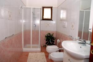 a bathroom with a shower and a toilet and a sink at Il Mulino in Furore +18 photos