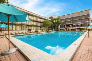 einem Pool mit einem Sonnenschirm vor einem Gebäude in der Unterkunft Econo Lodge Winter Haven Chain of Lakes in Winter Haven