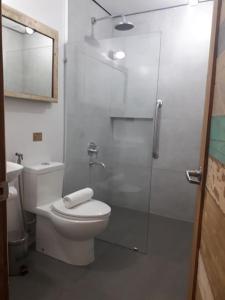 a bathroom with a toilet and a glass shower at The Bricks Hotel in Dumaguete