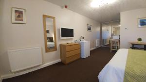 1 dormitorio con 1 cama, lavamanos y TV en Swan Studios, en Choppington