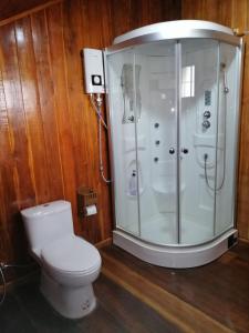 un baño con inodoro y ducha en Heanmaeloung Resort., en Chiang Mai