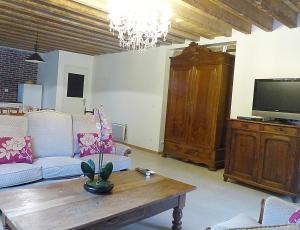 salon z kanapą i telewizorem w obiekcie Gite des Loges du Château de Matel w mieście Roanne