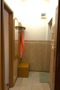 a bathroom with a shower with an orange towel at Apartament Ducha NO'7 in Toruń