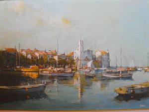 a painting of a harbor with boats in the water at Apartments Picasso Komiza in Komiža