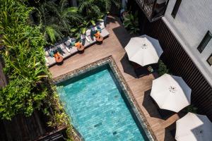 an overhead view of a swimming pool with umbrellas and chairs at The Aviary Hotel in Siem Reap