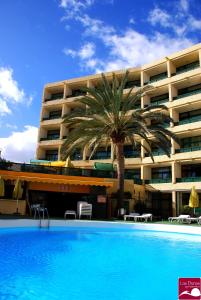 una gran piscina frente a un edificio con palmeras en Apartamentos las Dunas, en Playa del Inglés