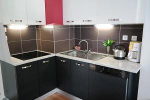 una pequeña cocina con armarios negros y fregadero en Duplex spacieux avec vue montagne au cœur de Cauterets, 6 à 8 pers, 3 chambres, 2 SDB, en Cauterets 66 fotos más