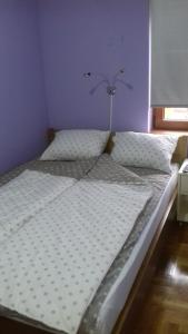 ein großes Bett in einem Schlafzimmer mit einer lila Wand in der Unterkunft Apartman Lena in Vrnjačka Banja