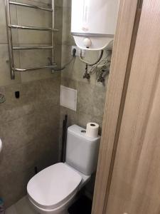 a bathroom with a toilet with a roll of toilet paper at Apartament at Park in Lviv