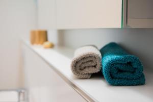 dos toallas están sentadas en un estante en un baño en Sandras Flat, en Giswil