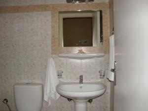 uma casa de banho com um lavatório, um WC e um espelho. em Hotel Aki em Loutra Edipsou