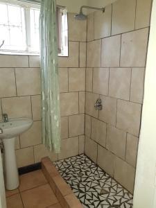 a bathroom with a shower and a sink at Travel Lodge Sabie in Sabie