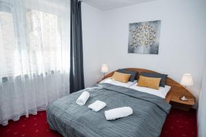 ein Schlafzimmer mit einem Bett mit zwei Kissen darauf in der Unterkunft Królowa Śniegu in Karpacz + 49 Fotos