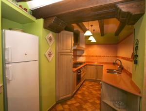 a kitchen with green walls and a white refrigerator at Casa Avellanas in Alquézar