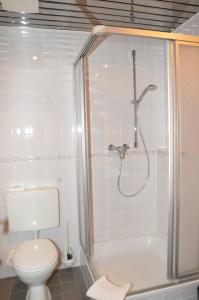 a bathroom with a white toilet and a shower at Central Inn Hotel garni in Eppelborn