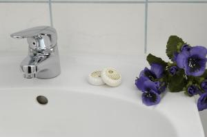 a bathroom sink with purple flowers and a faucet at Hotel Ariston in Lahnstein