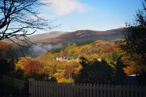 a view of a mountain with a white fence and trees at Borthwenbnb in Dolgellau
