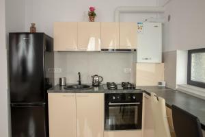 a kitchen with a black refrigerator and white cabinets at Studio Ambiance , Mamaia in Mamaia Nord