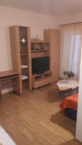 a living room with a television and wooden shelves at apartmani vraničić in Vis